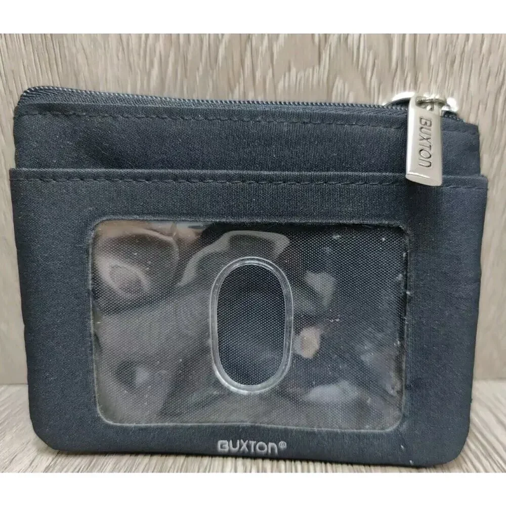 Buxton Wallet ID Card Leather Black compact minimalist Zip Pouch